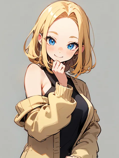 Alone,upperbody,blonde hair,(big forehead),blue eyes,cute smile,Stylish beige cardigan、offshoulder、cute model pose,white simple background,(manga style),(sketch),(illustration),