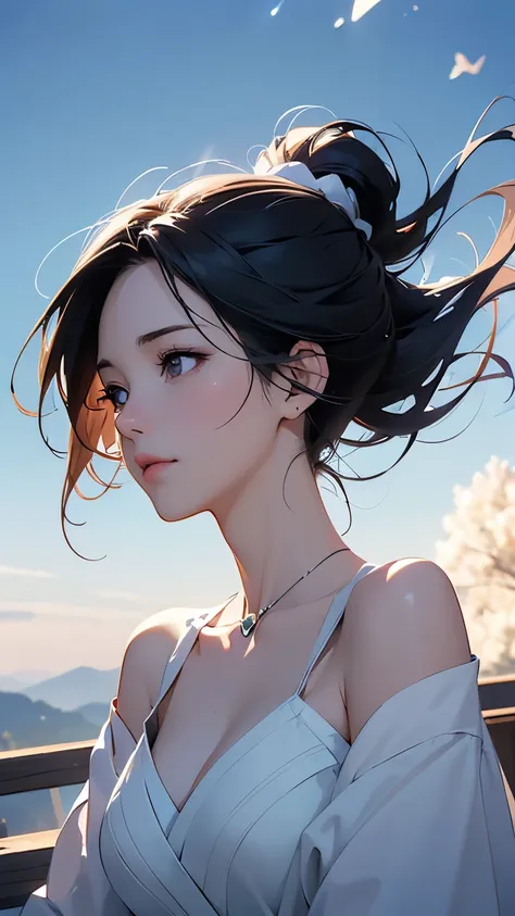 ( cinematic digital artwork containing sexual expressions: 1.3),  high quality, masterpiece, 最 high quality,   Super Detailed , Illustration, [ 4K DIGITAL ART]!!、   Kyoto animation style  ,  one woman, clavicle Beauty, clavicle, Light, hope, Blue Sky,  pos...