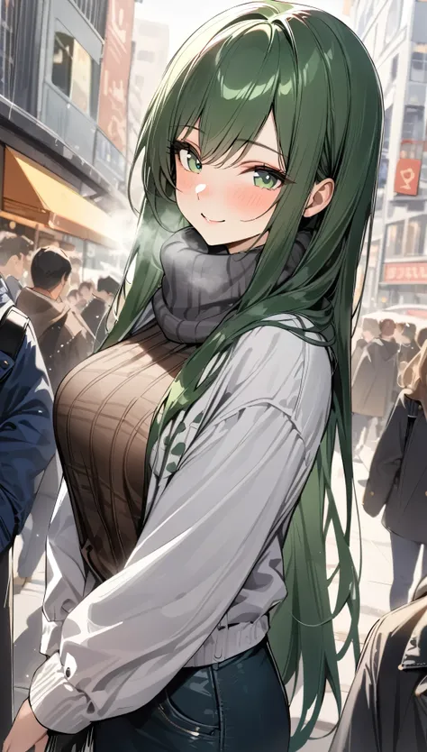 masterpiece,absurdres,8k,(solo lady),(shiny dark green hair),(dark green eyes),(straight long hair),break,D size bust,break, casual fall fashion,white Breath, muffler 、upperbody shot,blush, urban background with lots of people ,smile,