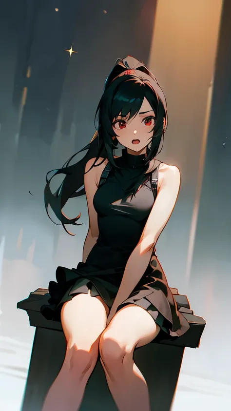 Tifa Lockhart, mksks style, (very detailed background:1.0), ( detailed background :1.0), Final Fantasy VII Remake, (red eyes),  1 girl,  Bare Shoulders, Princess Dress,  Black Hair ,  green dress ,  sleeveless dress ,  sundress, Home, Long Hair,  Knight , ...