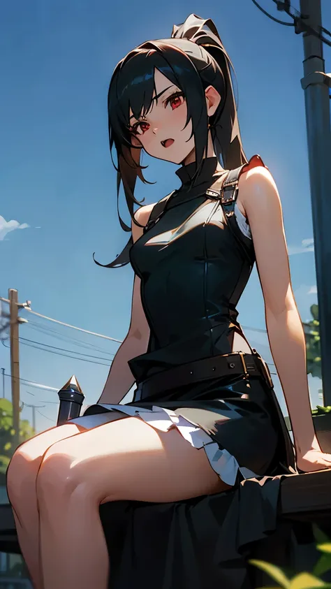 Tifa Lockhart, mksks style, (very detailed background:1.0), ( detailed background :1.0), Final Fantasy VII Remake, (red eyes),  1 girl,  Bare Shoulders, Princess Dress,  Black Hair ,  green dress ,  sleeveless dress ,  sundress, Home, Long Hair,  Knight , ...