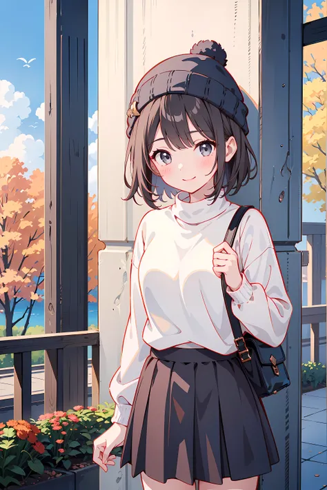 ((masterpiece、Highest quality、Very detailed))、((One girl))、Cute girlfriend、Short hair、 black hair、Gray eyes、Blush、Smile、Shy、Beanie、White sweater、Black skirt、Stand、outdoor、Sky、Fall 