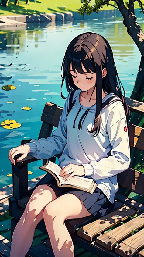 A girl reads a book on the lakeside,  bright colors, spring, Willow Branch, comfortable, Warm sunshine