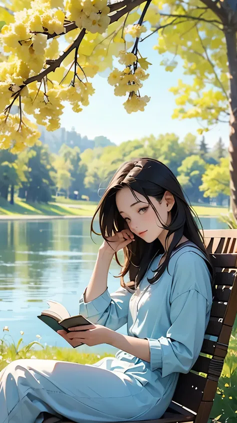 A girl reads a book on the lakeside,  bright colors, spring, Willow Branch, comfortable, Warm sunshine