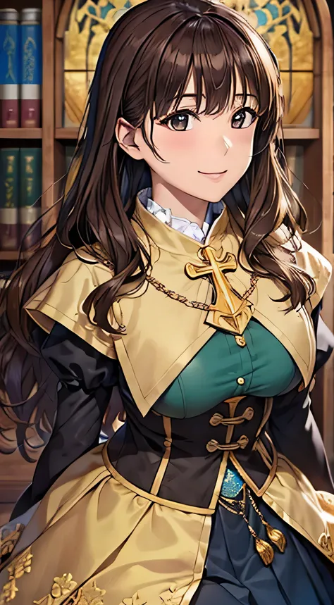 (( table top, Best Quality,  high resolution on down, ,  pixel perfect, 4K,))), 1 female, 、 (( wavy hair in front of the station、bangs, Brown Hair、 all over)), (( Brown Eyes ,   beautiful eyelashes , Realistic eyes)), ((  detail face ,  blanking in books:1...