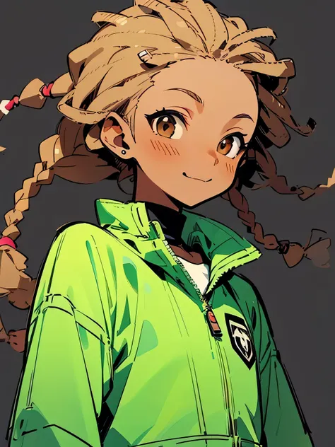 sideview, chibi,Alone,(looking away:1.3),1boy,Boyish、 Mans Eyes 、 Mans Nose、Mans Mouth 、upperbody,(very short dreadlocks perm:1.3),sideshaved,brown eyes,cute smile,((dark skin:1.3)),(Black),Look down、 WINDBREAKER、cute model pose,white simple background,(ma...