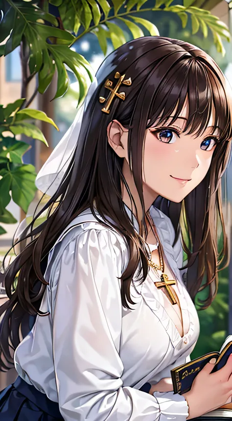 (( table top, Best Quality,  high resolution on down, ,  pixel perfect, 4K,))), 1 female, 、 (( wavy hair in front of the station、bangs, Brown Hair、 all over)), (( Brown Eyes ,   beautiful eyelashes , Realistic eyes)), ((  detail face ,  blanking in books:1...