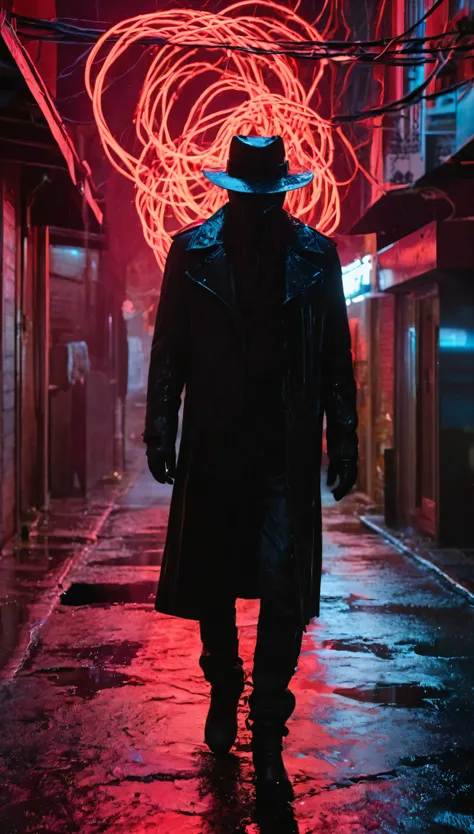 Emerging from the depths of an abandoned, rain-soaked alleyway is The Neon Revenant, a terrifying figure draped in a long, black leather coat and matching leather hat. The coat, weathered and cracked with age, sways heavily with each of his slow, deliberat...