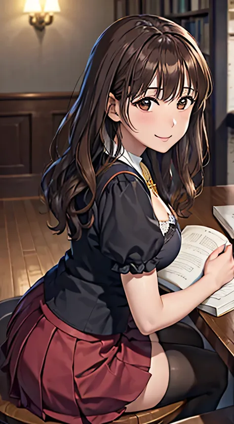 (( table top, Best Quality,  high resolution on down, ,  pixel perfect, 4K,))), 1 female, 、 (( wavy hair in front of the station、bangs, Brown Hair、 all over)), (( Brown Eyes ,   beautiful eyelashes , Realistic eyes)), ((  detail face ,  blanking in books:1...