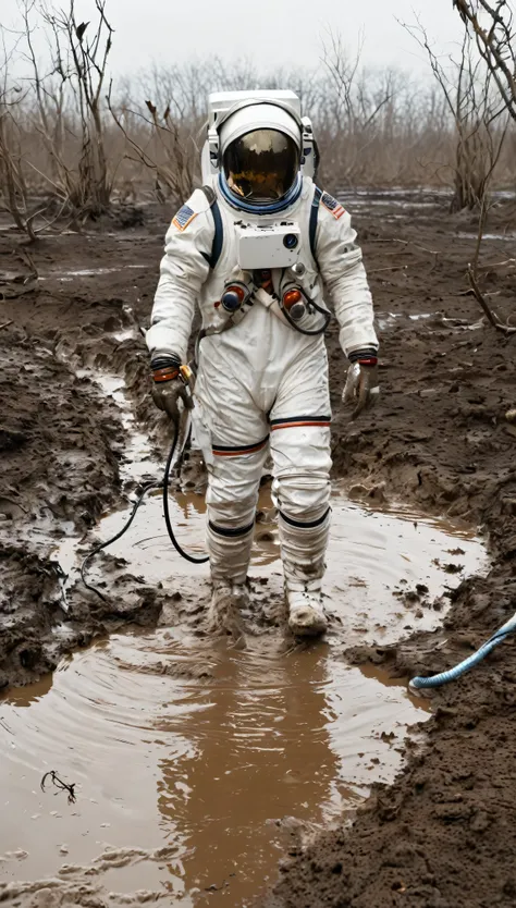 Emerging from a swampy, mud-covered wasteland is The Drowned Astronaut, a haunting figure clad in a once-gleaming spacesuit now caked in layers of thick, dark mud. The suit, drenched and torn, clings to the astronaut’s body like a second skin, its white fa...