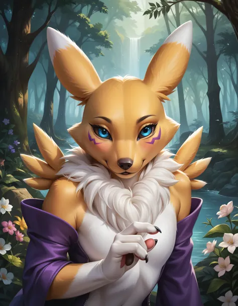 score_9, score_8_up, score_7_up, source_furry, rating_safe, realistic, photoreal, anthro, an anthro renamon standing in a flower filled clearing in a forest,  renamon, detailed fingers, hyperdetailed fur, , blushing