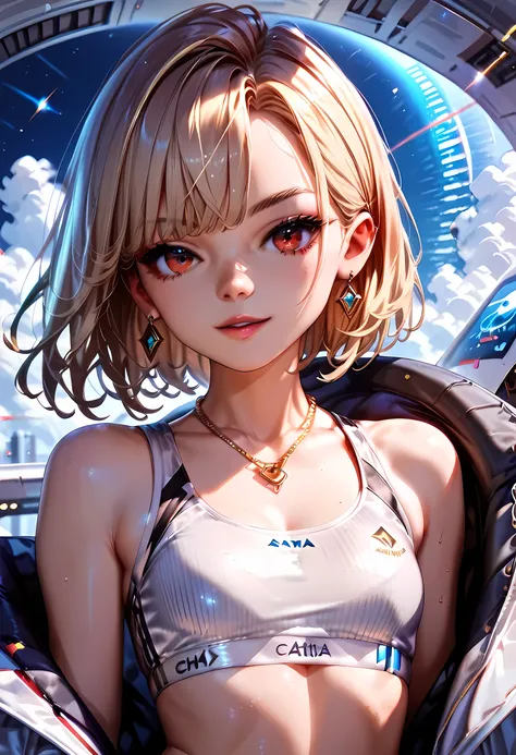 Young blonde anime, aesthetic body, dark red eyes, with metallic white sports bras with blue details, on a spaceship, with golden necklace