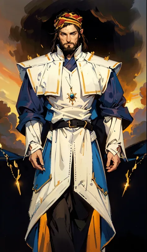 (masterpiece:1.2, best quality:1.2, extremely delicate:1.2), ((male:1.5)), a middle-aged man with medium-length black hair, a yellow headband, thick eyebrows, focused gaze, dignified face, large beard, tall and slender physique, a fantasy-style mage robe, ...