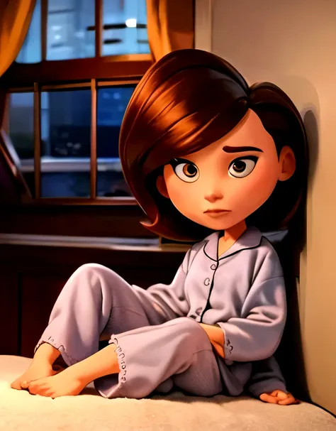 Solo, ((best quality)), ((highly detailed)), high colourful, masterpiece, (detailed eyes, deep eyes), (1woman), full body}, helenparr, brown hair, brown eyes, shy, grey pajamas , pajamas pants, grey nightcap, (indoors, in living room, night), sitting on so...