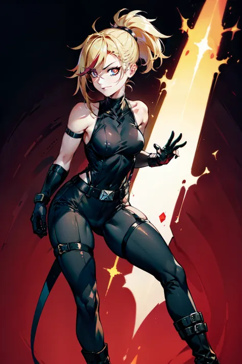 (masterpiece, best quality:1.2), red glowing eyes, red eyes, the eyes are red, perfect face, , strong make up, highres, 1 girl, solo, ultra long ponytail, (female:1.5), strife, blonde hair, shoulder armor, sleeveless turtleneck, suspenders, belt, gloves, b...