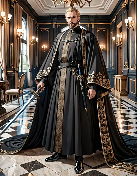 masterpiece, best quality, high res, 8k, blonde man, blue eyes, short hair, thin beard on chin, wearing black clothes of a noble king, masterpiece, best quality, mansion, full body shot, robe, holding sword.