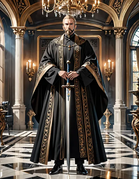 masterpiece, best quality, high res, 8k, blonde man, blue eyes, short hair, thin beard on chin, wearing black clothes of a noble king, masterpiece, best quality, mansion, full body shot, robe, holding sword.