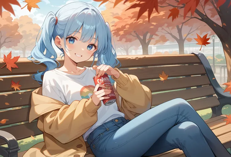   long light blue hair 、  is a little character with twin tails、smile、 Im sitting on a park bench drinking canned juice 、smile、Blue denim coverall 、Autumn leaves park、