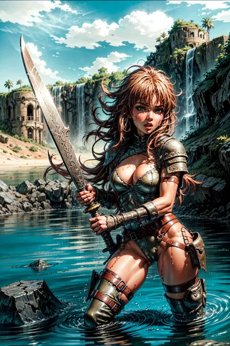 young blonde girl, red-haired, defined muscular body, female warrior , wearing torn leather clothing , holding a large sword in her hand , standing in a river , Cloudy sky in the background , medieval fantasy style, boots, layer, water, wet body, sexy cl...