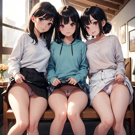 ((masterpiece, 最 high quality, 超 high quality,  high quality,  very detailed, Complex, perfect anatomy, shiny skin,  cowboy shot,  ray tracing,Light hits the front of the body)),Three happy girls sitting on chairs, Full body photography、Have fun and laugh、...