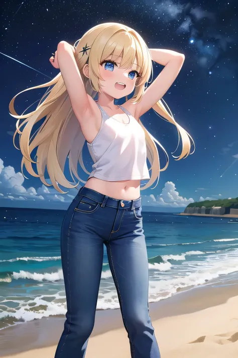 masterpiece,best quality,ultra detail,1girl, 14yo,petite,Laugh happily,background((under the beach, moonrise time, under sand beach, bright sky, starry night)), beautiful blonde long hair, hair ornament, x hair ornament,Raise your arms and bring them behin...