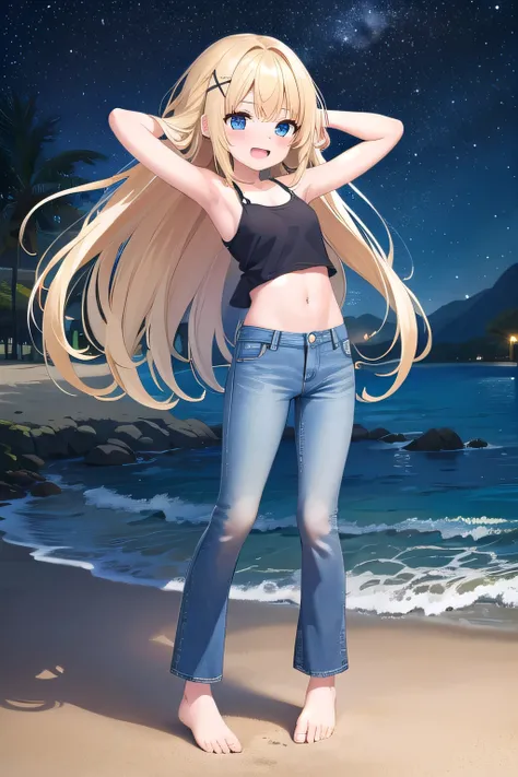 masterpiece,best quality,ultra detail,1girl, 14yo,petite,Laugh happily,background((under the beach, under sand beach, starry night)), beautiful blonde long hair, hair ornament, x hair ornament,Raise your arms and bring them behind your head,White teeth, Wh...