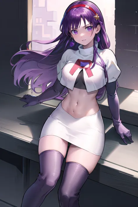 masterpiece, best quality, highres, aa1, purple hair, long hair, hairband, long hair, earrings, medium breasts, team rocket,team rocket uniform,white skirt,red letter R,crop top,black thigh-highs,black elbow gloves