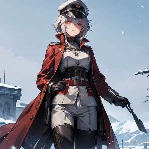 beautiful woman Soviet officer with ((silver short messy hair)) and red eyes.tsurime,steady person,1940s,Strong-willed woman,The background is a snowy landscape,Standing in a military coat cap and Riding breeches