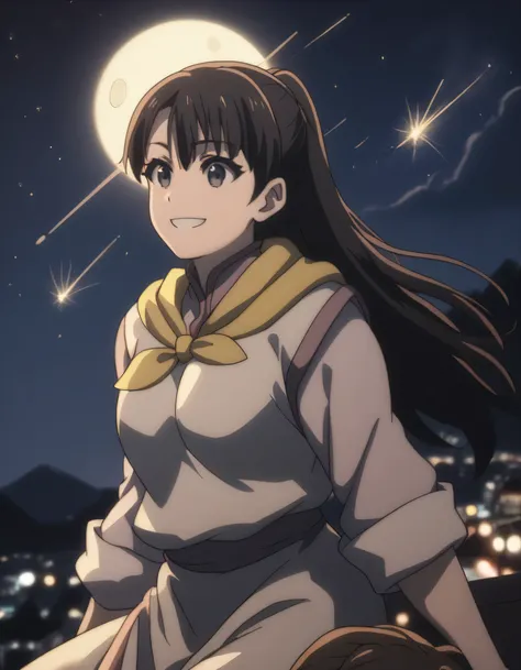 score_9, score_8_up, score_7_up, gsfghtr, multicolored robe, neckerchief, 1girl, bright, best lighting, smile, on top of mountain, city lights at night, moon, shooting stars