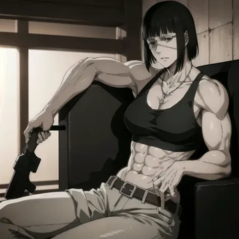 (best quality,ultra-detailed,realistic:1.37),musclaur badass girl with sculpted body with preview her musclaur body and six-pack, full review of the female character face and body, intense expression, strong and confident posture, studio lighting, vivid co...