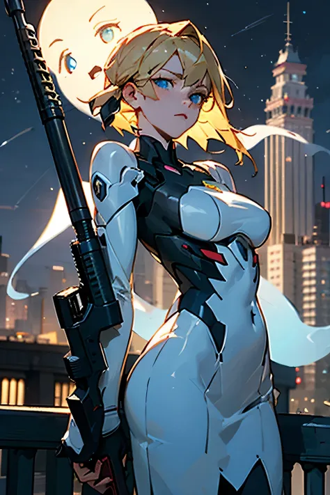 masterpiece, Best Quality,  8K HD Streaming,  side lighting ,Ghost in the Shell World , building standing on the edge, A Beautiful Night Sky ,Blonde, blue eyes, Almond Eye,Vantage fashion,rifle