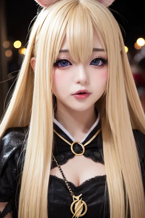  open your mouth ,  stick out your tongue,  Blushing , Dark makeup around the eyes ,  ahe face, Long Hair, Blonde, Ahoge, Costumes with little area, flashy makeup,nsfw