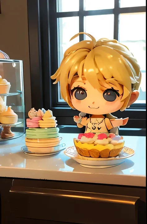 masterpiece, highly detailed, (chibi:1.3), , (1girl), blonde hair, pastel colors, cozy atmosphere, dessert display case, macarons, cupcakes, tarts, cakes, coffee machine, chalkboard menu, natural lighting, glass jars filled with candy, frosted window panes...