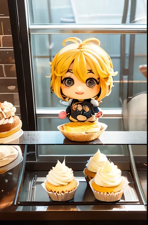 masterpiece, highly detailed, (chibi:1.3), , (1girl), blonde hair, pastel colors, cozy atmosphere, dessert display case, macarons, cupcakes, tarts, cakes, coffee machine, chalkboard menu, natural lighting, glass jars filled with candy, frosted window panes...