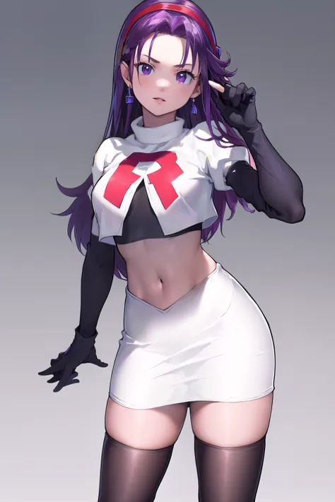 masterpiece, best quality, highres, aa1, purple hair, long hair, hairband, long hair, earrings, medium breasts, team rocket,team...