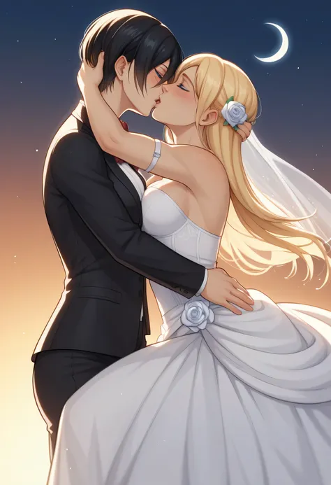 score_9, score_8_up, score_7_up, BREAK source_anime, historia reiss, blue eyes, blonde hair, long hair, medium breasts,Historia  beautiful wedding dress white,female black hair soldier with historia,Mikasa with historia are married ,mikasa wreanig black tu...