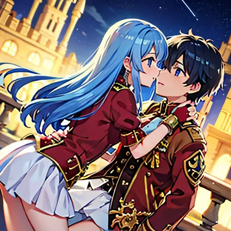 A girl with blue eyes and light blue hair, red blouse with gold plates on her body, pink panties, a gold bracelet and white skirt affectionately kissing a boy with short black hair on the lips, ojos marrones, lentes, red jacket with a night castle behind t...
