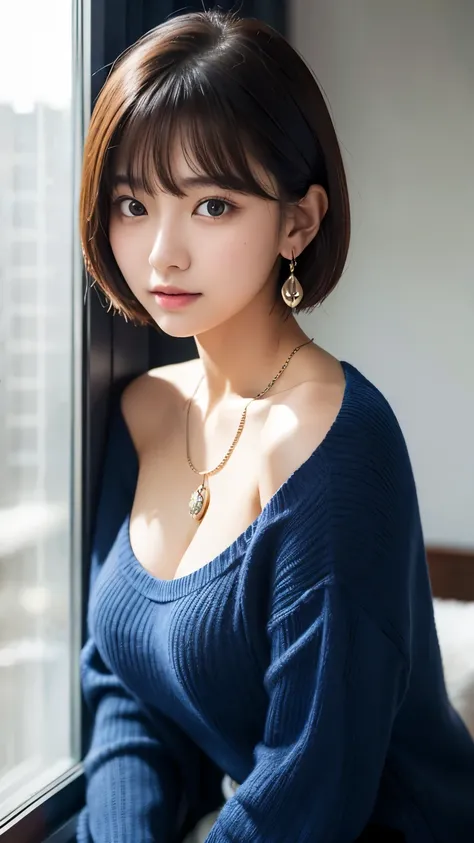 young korean woman wearing a dark blue sweater sitting in front of a window, Bowl Cut　 earrings for a woman alone　 Thin Necklaces 　Sensual body　Big Breasts　 looking at the camera　 sexy look　 upper body shot of a sexual target 