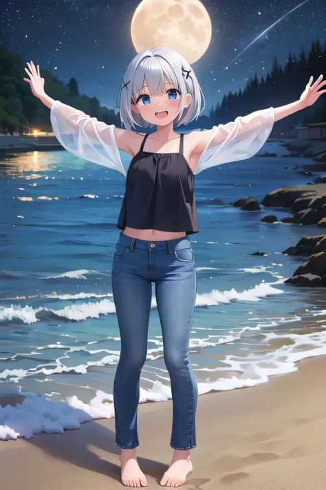 masterpiece,best quality,ultra detail,1girl, 14yo,petite,Laugh happily,background((under the beach, moonset time, on the sand beach, starry night)), beautiful silver short hair, hair ornament, x hair ornament,Raise your arms and bring them behind your head...