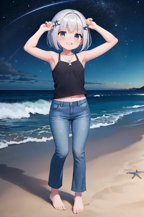 masterpiece,best quality,ultra detail,1girl, 14yo,petite,Laugh happily,background((under the beach, moonset time, on the sand beach, starry night)), beautiful silver short hair, hair ornament, x hair ornament,Raise your arms and bring them behind your head...