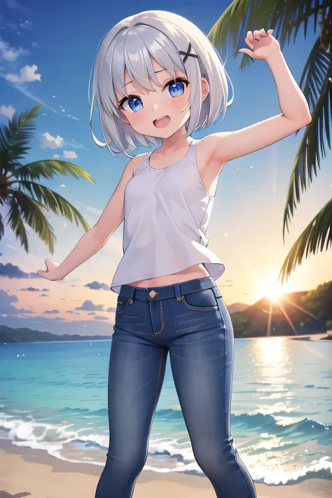 masterpiece,best quality,ultra detail,1girl, 14yo,petite,Laugh happily,background((under the beach, sunrise time, under sand beach, bright sky)), beautiful silver short hair, hair ornament, x hair ornament,Raise your arms and bring them behind your head,Wh...