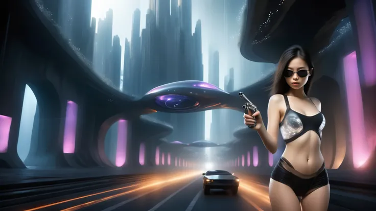 (Wide and low angle view). Ryoji Ikeda Style, fantasy arts, futuristic sci-fi open-air tunnel, beautiful curves and spirals, portals, (flying cars), a sci-fi dark scene in the background. A woman, (wearing a transparent:0.8 ivory flowing stunning sleeveles...