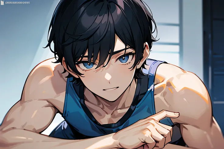  handsome　Short cut　Black Hair　male　Slim figure　Being thin　blue wrestling singlet　　Lower body mokkori　　　Lie down 　 No Background 　　　　The overall screen is bright　male　Slim figure　 bright light　Light background　 Close-up of face　Close-up of just the face　wh...