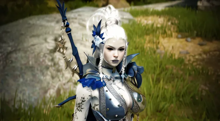 (masterpiece, best composition, best quality:1.2), there is a woman dressed in a silver and blue outfit, blue elf, of a beautiful female warframe, glossy white armor, dark elf princess, Black Desert MMO style, pretty female cleric, azure. detailed hair, al...