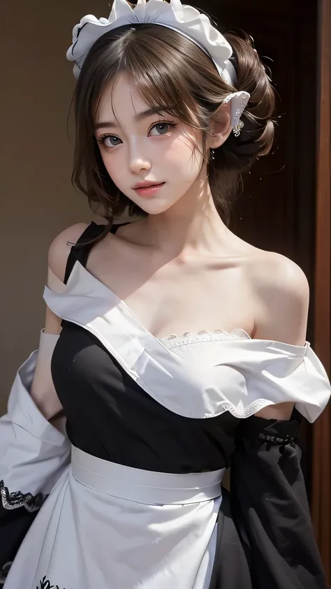 (((Best Quality))), ((masterpiece)), (  Details), ( upper body shot),((((((Girl in maid outfit, Off Shoulder,Maid&#39;s Headband)))))), ((( big breasts at the temple, cleavage, tight waist ,Slender body,))), ((  glowing skin  , white skin,  glowing skin  )...