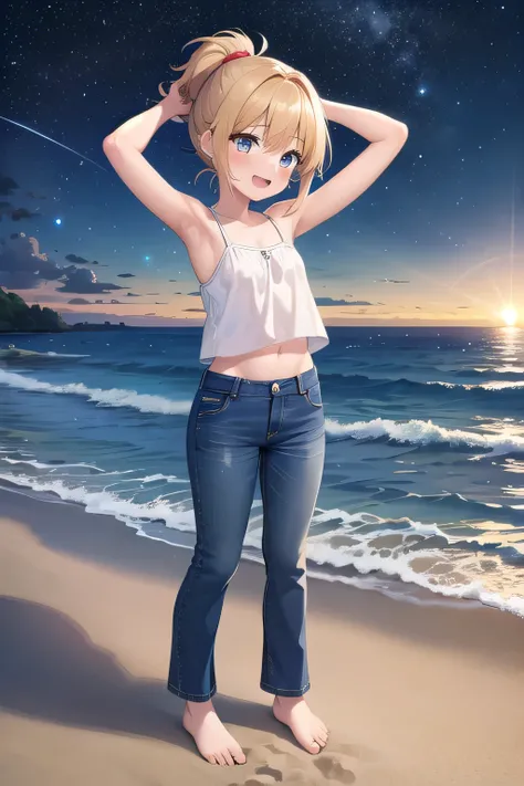 masterpiece,best quality,ultra detail,1girl, 14yo,petite,Laugh happily,background((under the beach, sunrise time, under sand beach, beautiful starry sky)), beautiful yellow short ponytail hair, hair ornament, x hair ornament,Raise your arms and bring them ...