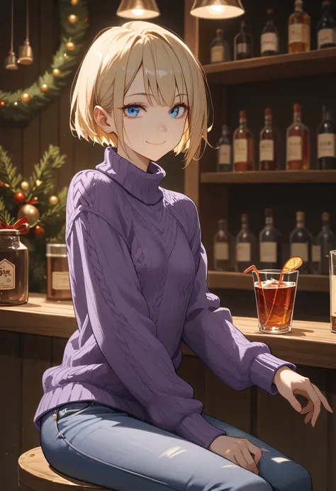 １A woman in her 30s、 very short cut hair 、 blue eyes、Blonde、closed-mouth smile、( small breasts)、 far into the cheek、 Slim Body 、 loose purple knitted sweater、jeans、 sitting at the bar counter、 Christmas、night