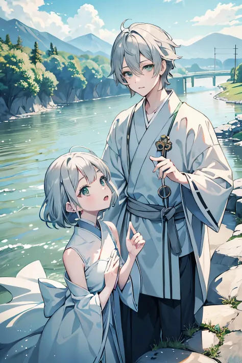 Prince　 perfect face　Sparkling Eyes　Princess　Gray Hair　 dress　 couple 　Chalk Castle　Manga style　 Japanese anime style 　Green Eyes　White clothes　Watch the river flow on the riverbed 