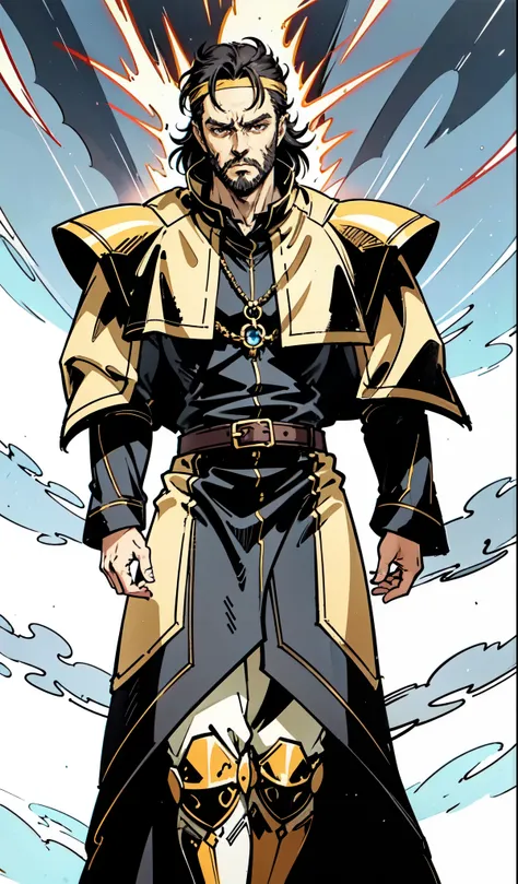 (masterpiece:1.2, best quality:1.2, extremely delicate:1.2), ((male:1.5)), a middle-aged man with medium-length black hair, a yellow headband, thick eyebrows, focused gaze, dignified face, large beard, tall and slender physique, a fantasy-style mage robe, ...