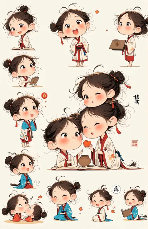 (masterpiece, best quality:1.5), 1 boy, alone,big eyes,a cute chinese boy,Chinese style, Mens style, Tang style,exaggerated expression,hair texture,messy bu,Cartoon style character design.A little girl in a white robe reads, traditional clothes, animated c...